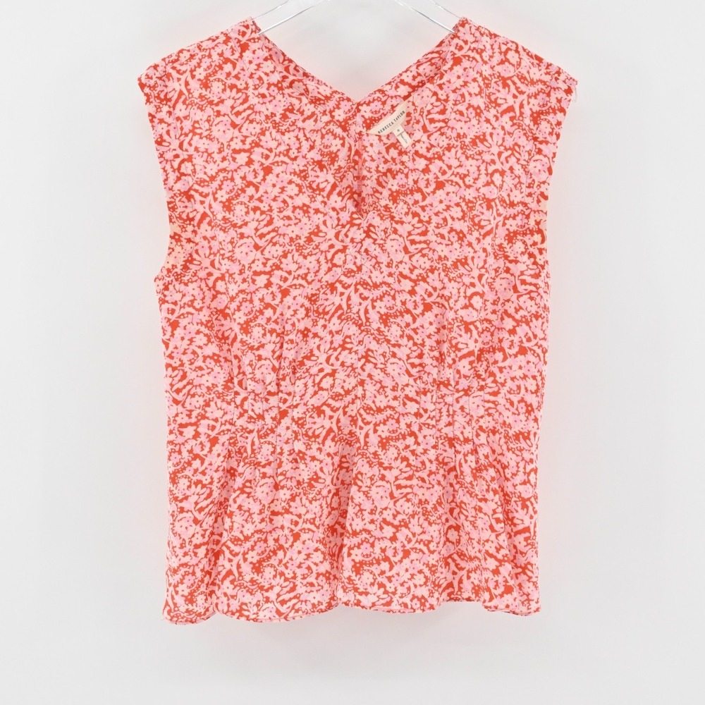 Rebecca Taylor Womens Silk Floral Top Size 8 Pleated Peplum Red Pink Blouse